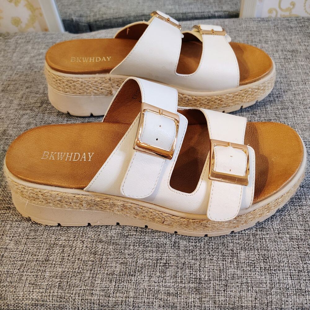 BKWHDAY White Adjustable Strap Wedge Sandals – Women’s 7.5 (Runs Big) - Picture 2 of 6